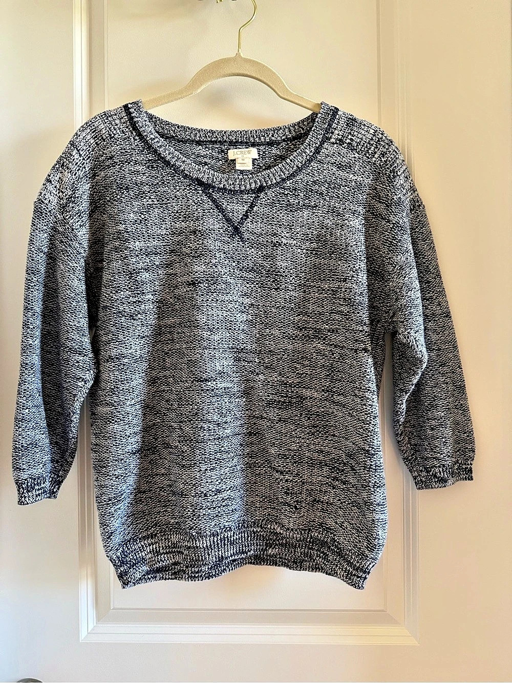 J.Crew Marled Seed Stitch 3/4 Sleeve Crewneck Sweater Navy and white Medium
